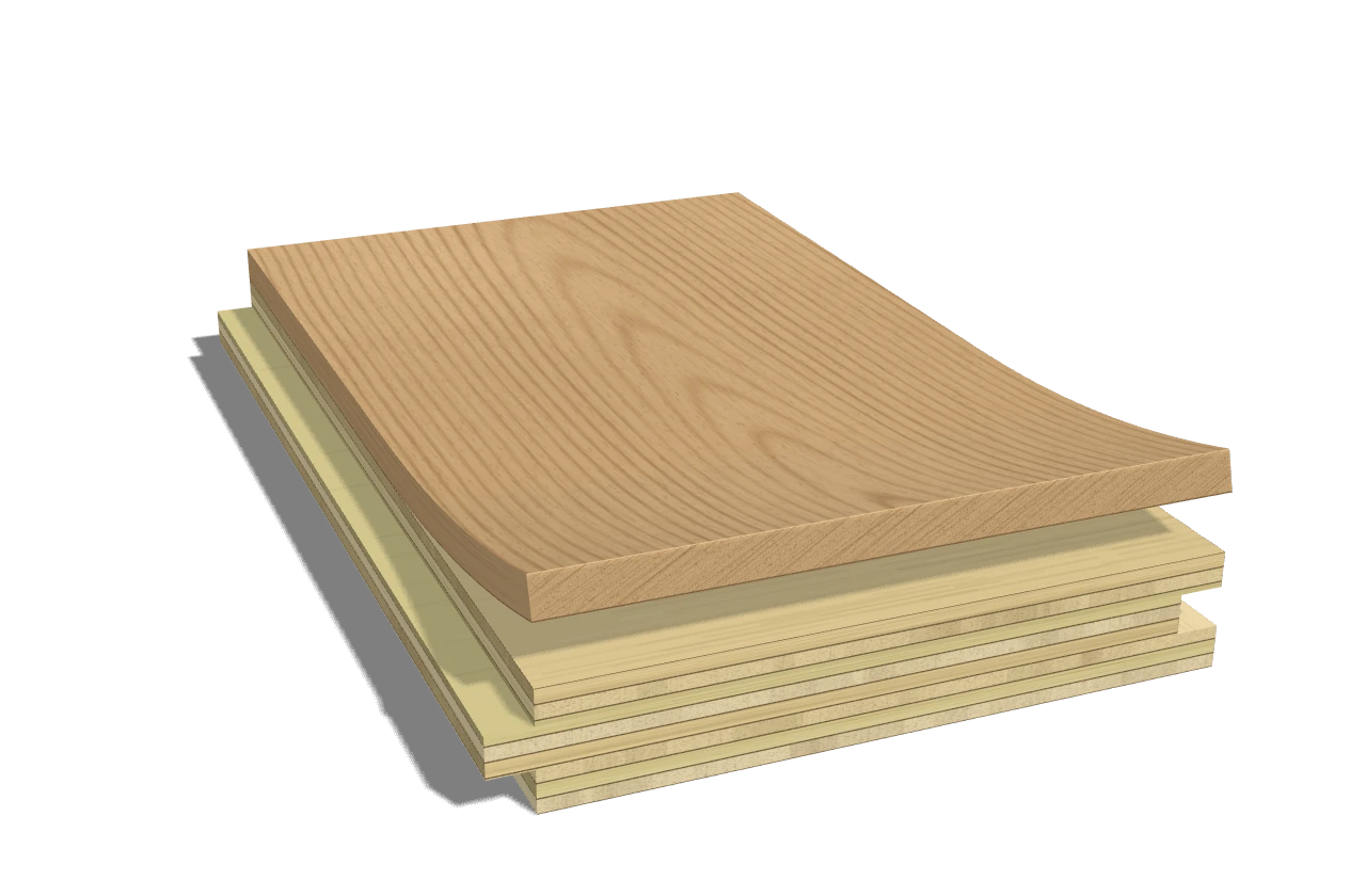 Engineered hardwood board with the oak wear layer peeled up to show the cross-laid plies