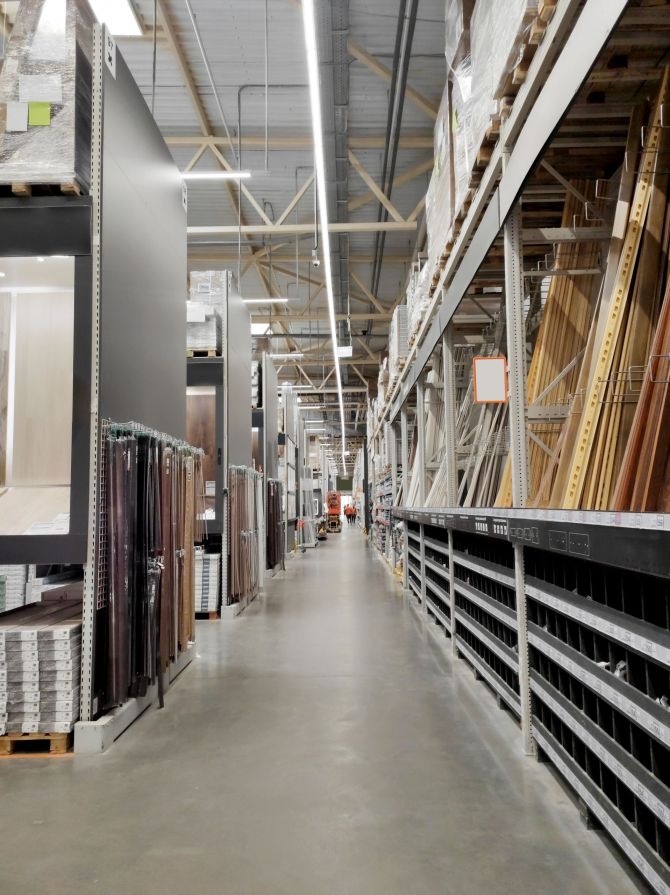 Warehouse aisle of building materials, hardware store